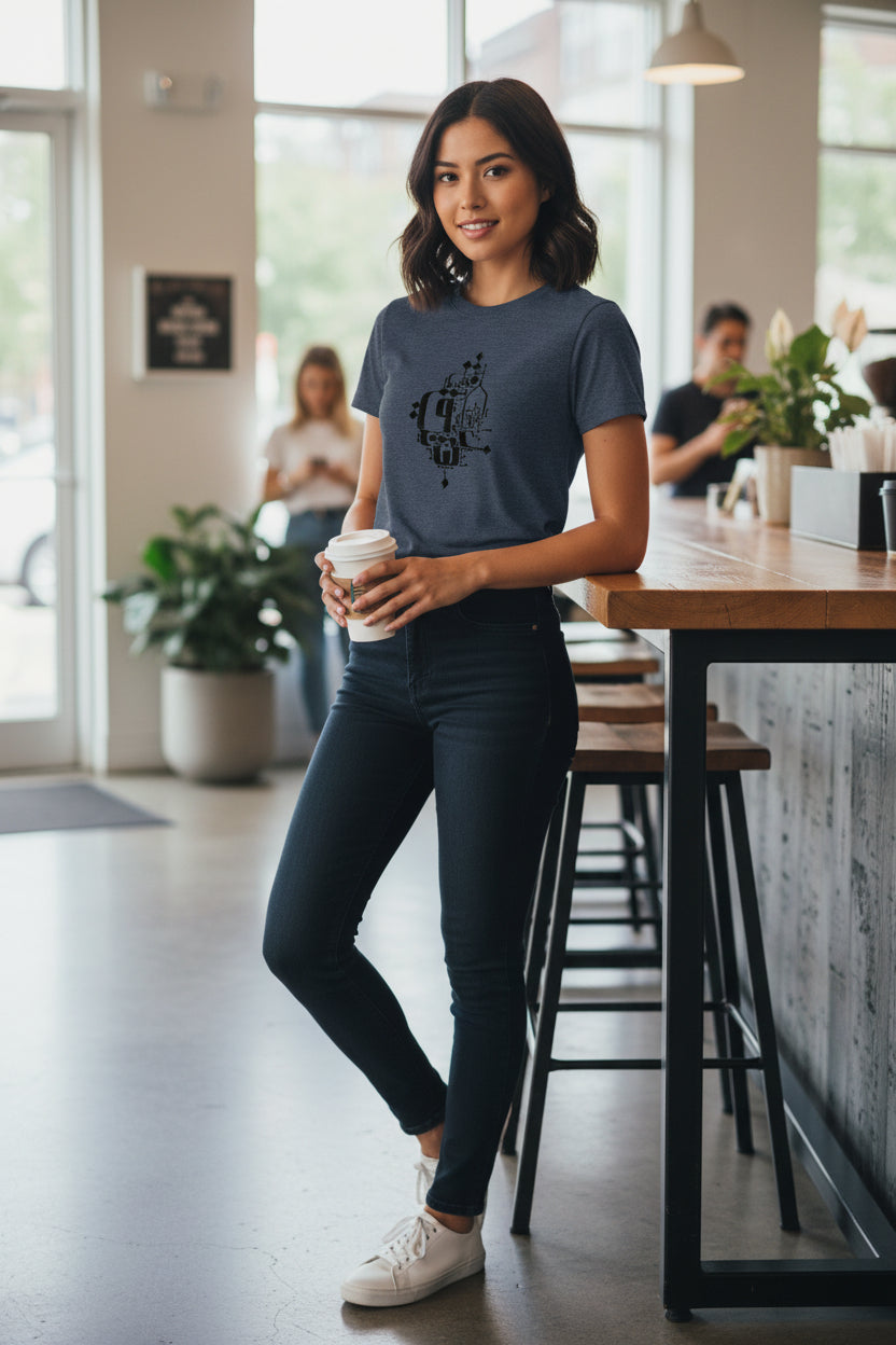 Navy blue t-shirt with black graphic design on a white background